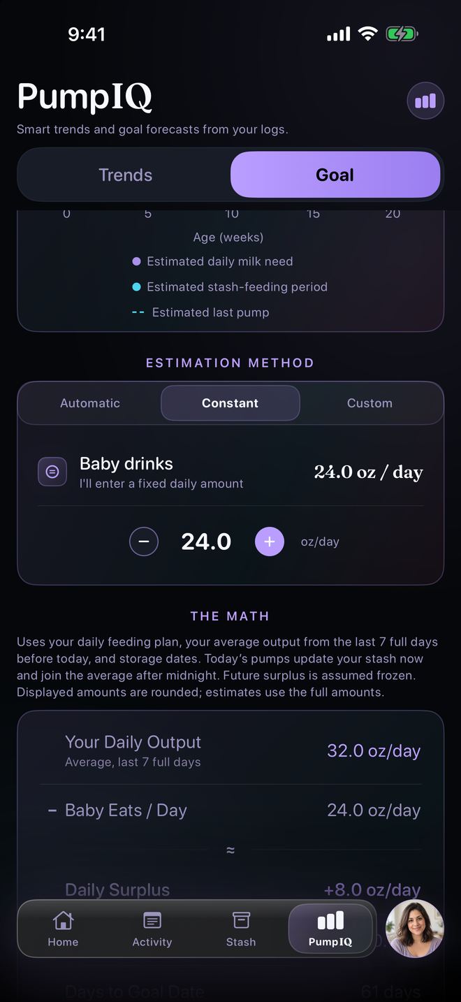 PumpIQ The Math: your daily output averaged over the last 7 full days, baby's daily need, and the daily surplus.