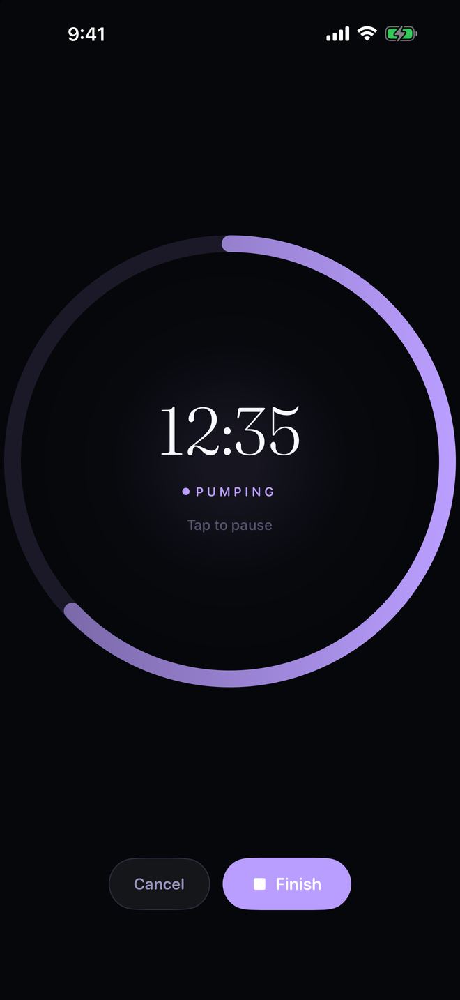 PumpPal pump timer on iPhone showing 12 minutes 35 seconds, pumping, with Cancel and Finish buttons.