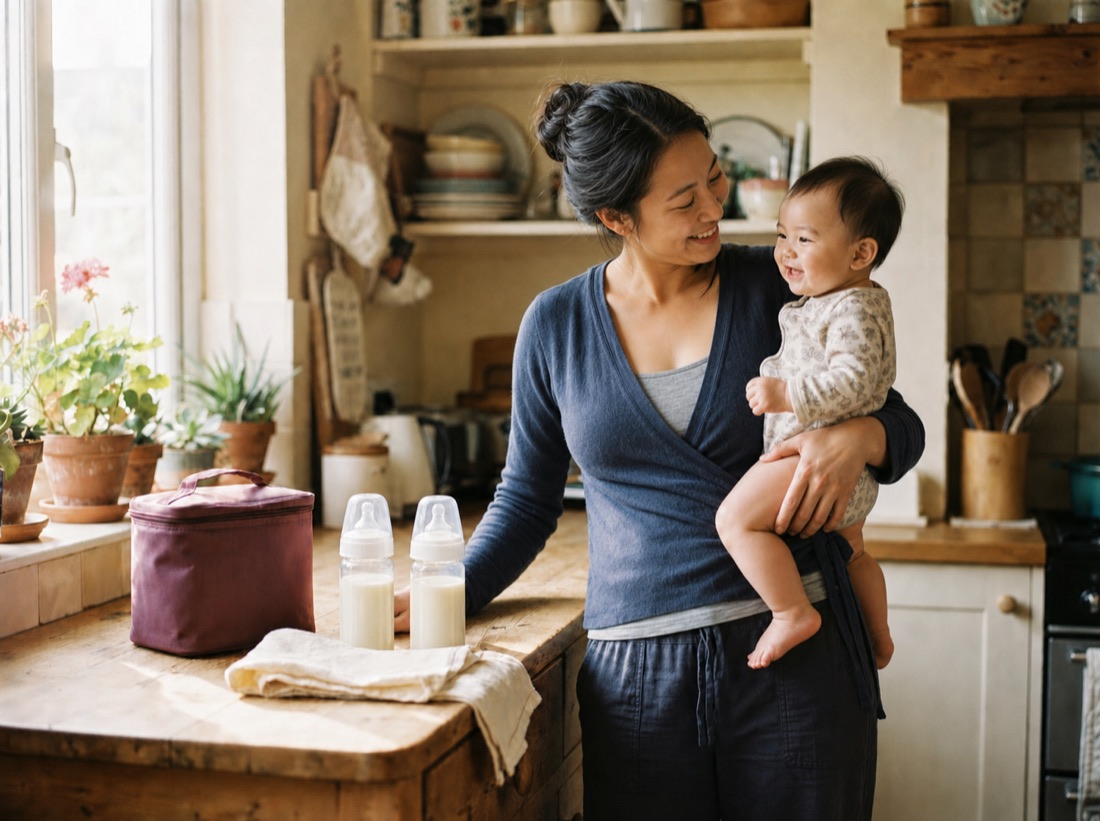 Asian postpartum mother holding her smiling baby beside a cooler and two capped baby bottles in a sunny kitchen