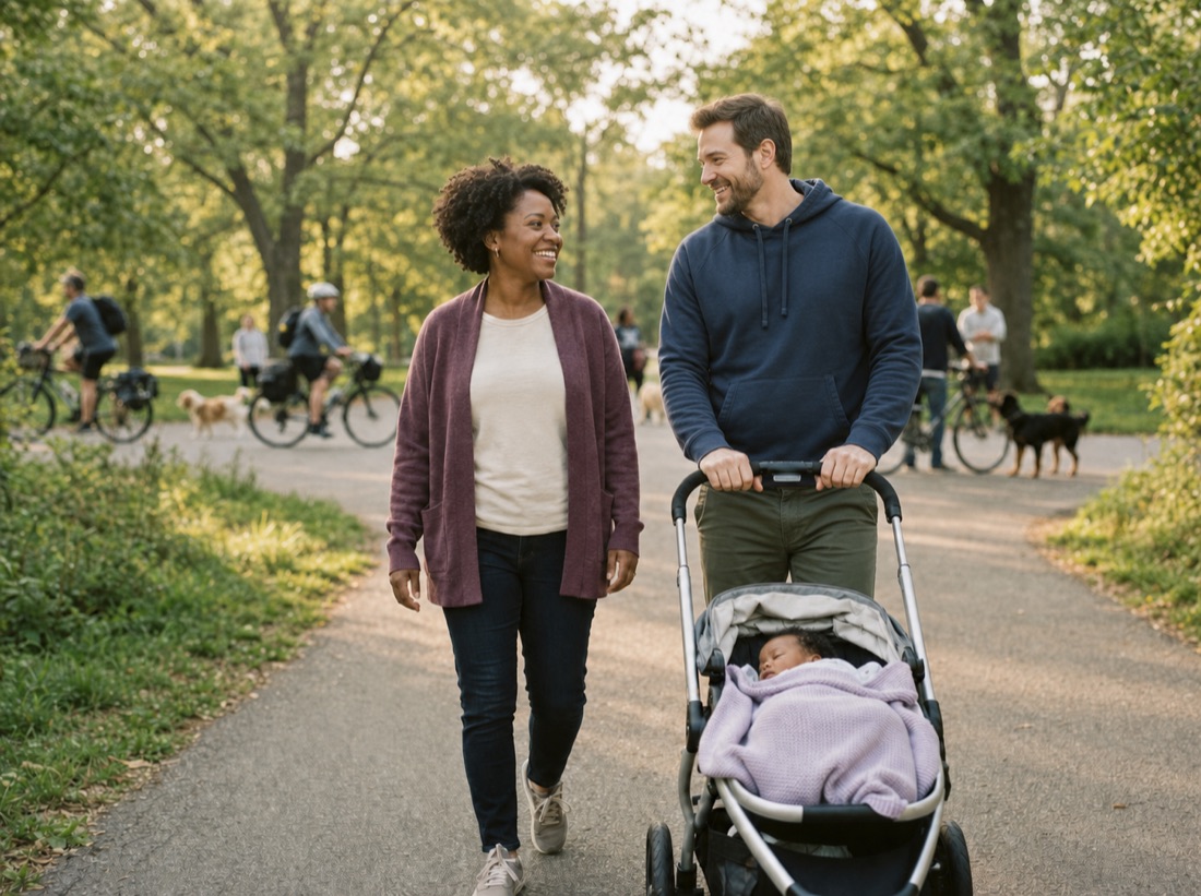 Black postpartum mother and white father sharing a sunny morning walk with their sleeping baby in a stroller