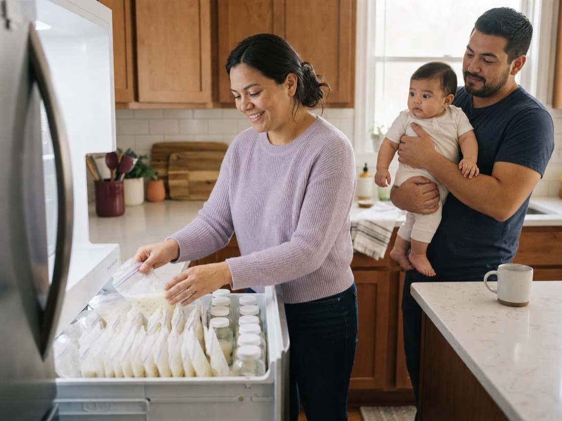 Latina mother organizing a breast milk freezer stash while the baby's father holds their child nearby