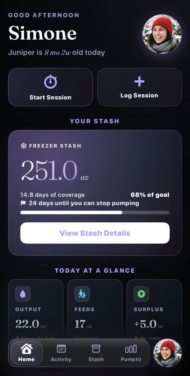 PumpPal app home screen showing stash, daily stats, bottom navigation, and profile shortcut